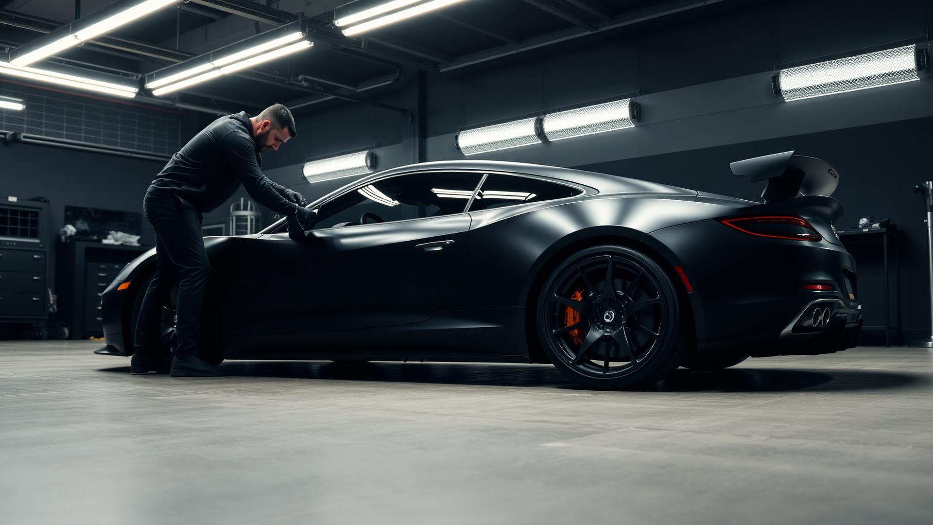 Technician wrapping a matte black sports car in the VK Garage studio