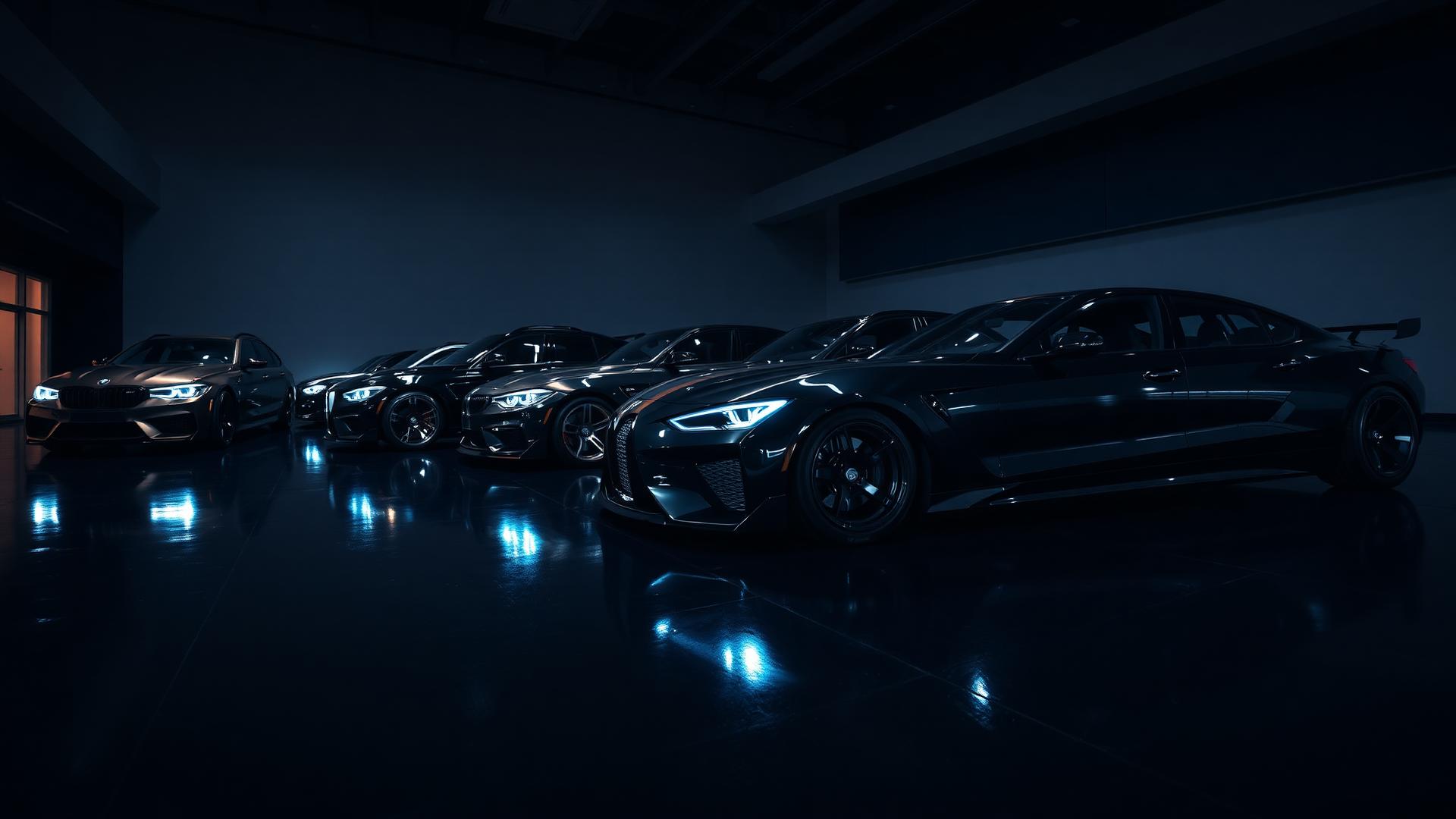 Lineup of premium blacked-out vehicles under cinematic showroom lighting at VK Garage